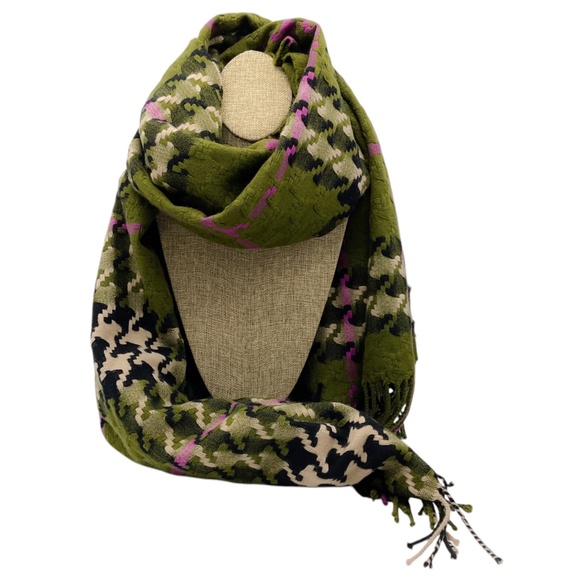 BURBERRY OLIVE GREEN / MAGENTA MULTI FRINGED HOUNDSTOOTH PLAID CHECK MERINO WOOL - Picture 6 of 6